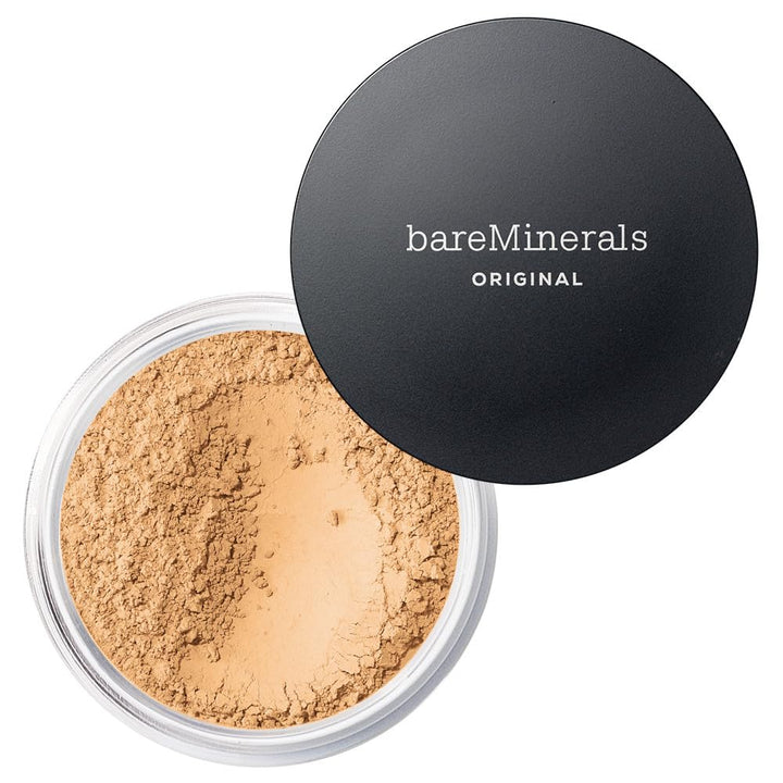 bareMinerals front view showing sifter and branded lid, clear product visibility and access