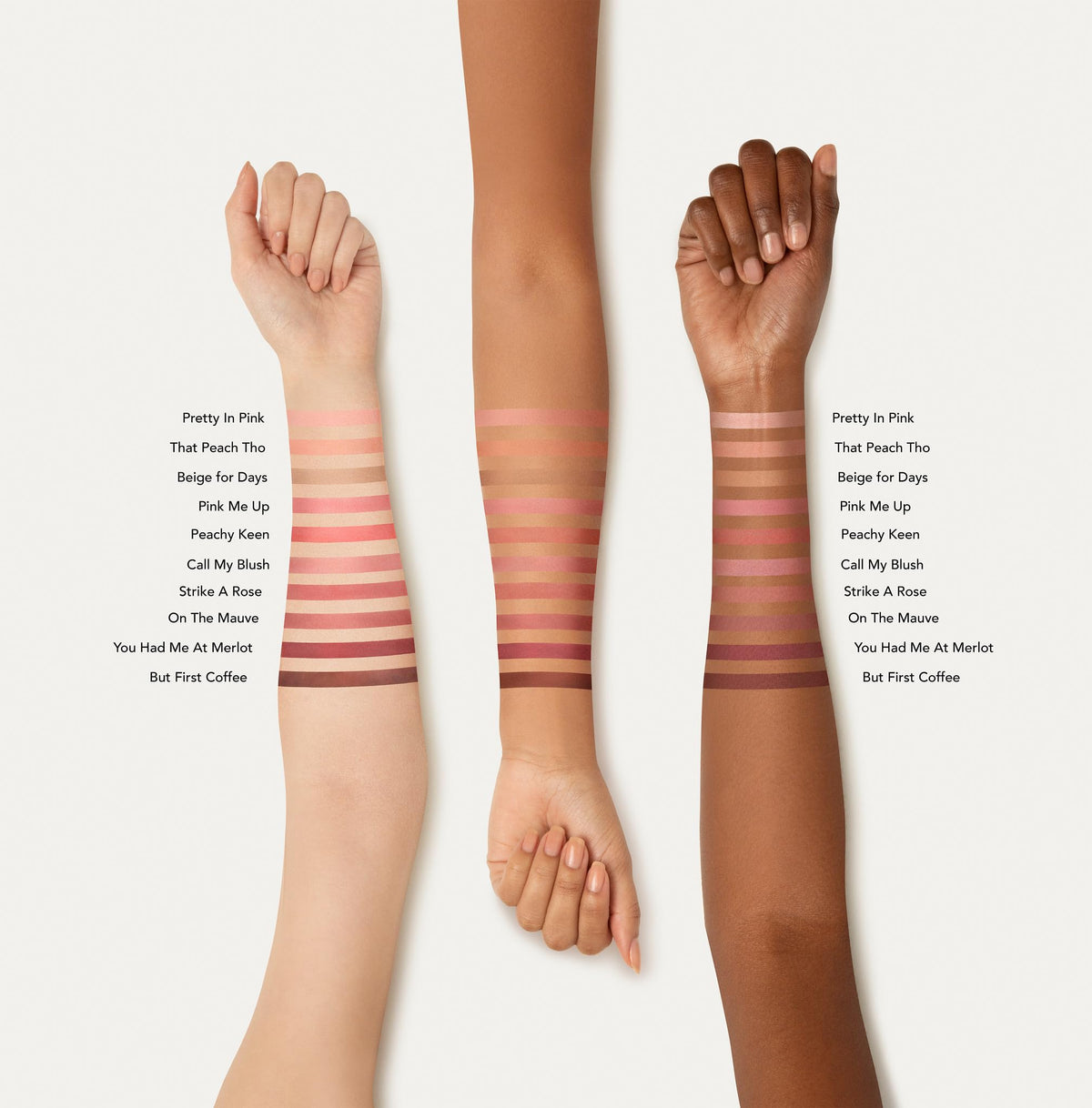 bareMinerals swatch on skin demonstrating natural, diffused mauve payoff