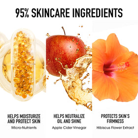 bareMinerals spray applied on model outdoors showing long-wear benefit