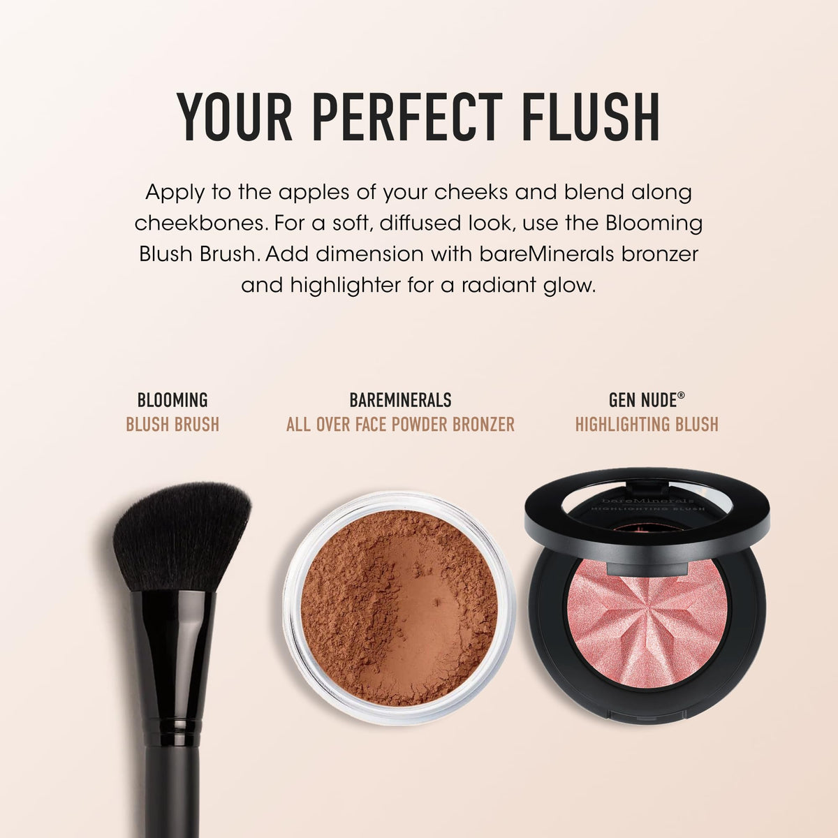 bareMinerals on model in natural light showing fresh, luminous cheek color