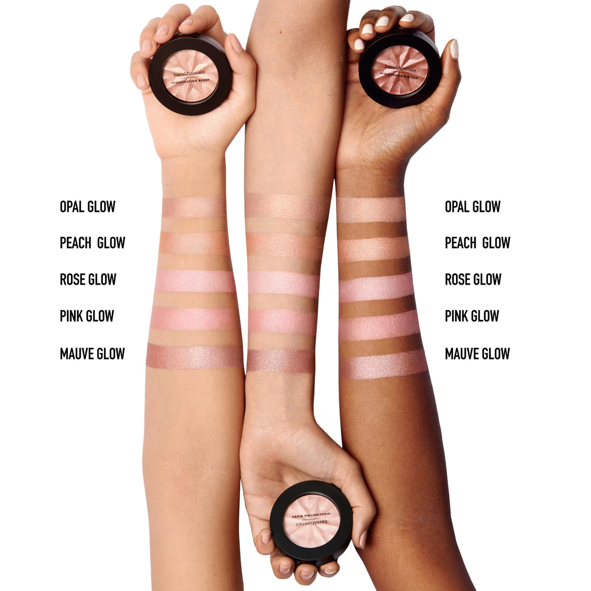 bareMinerals wrist swatch of Rose Glow showing buildable natural color
