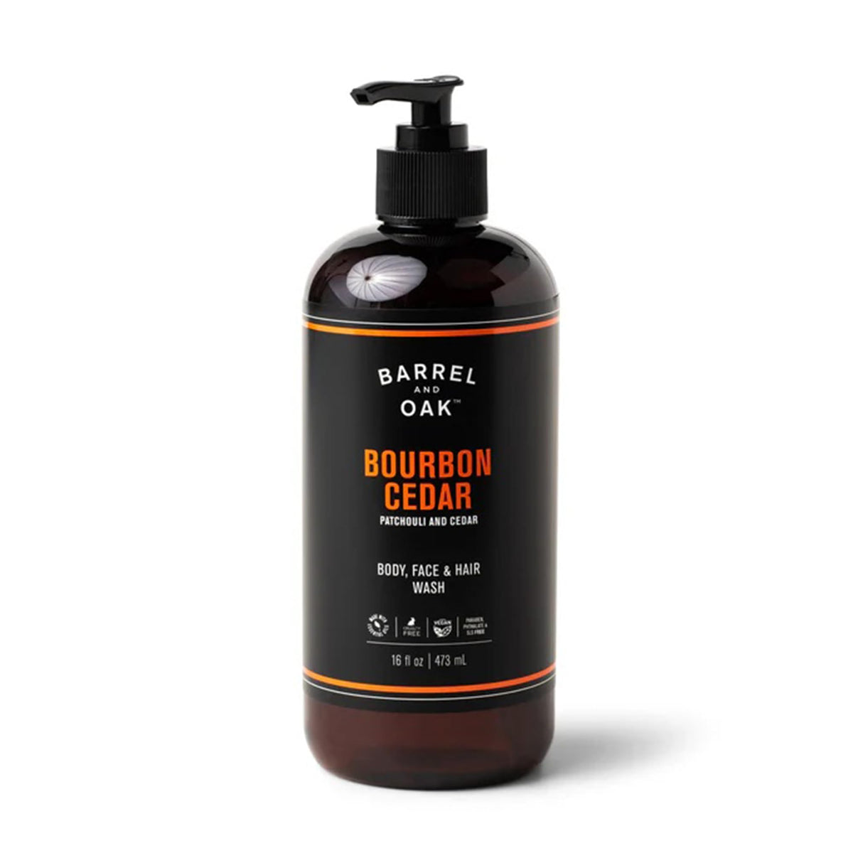 Barrel & Oak front bottle showing bourbon cedar scent and clear packaging benefit