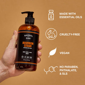 Barrel & Oak being used in shower with loofah for efficient all-in-one grooming
