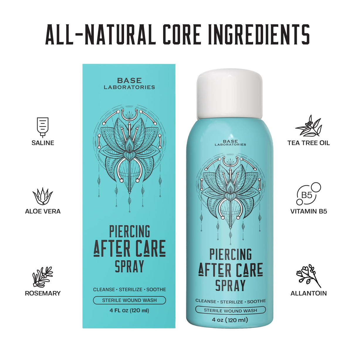 BASE LABORATORIES mist spraying over a piercing, demonstrating gentle contact-free cleansing