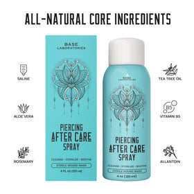 BASE LABORATORIES mist spraying over a piercing, demonstrating gentle contact-free cleansing