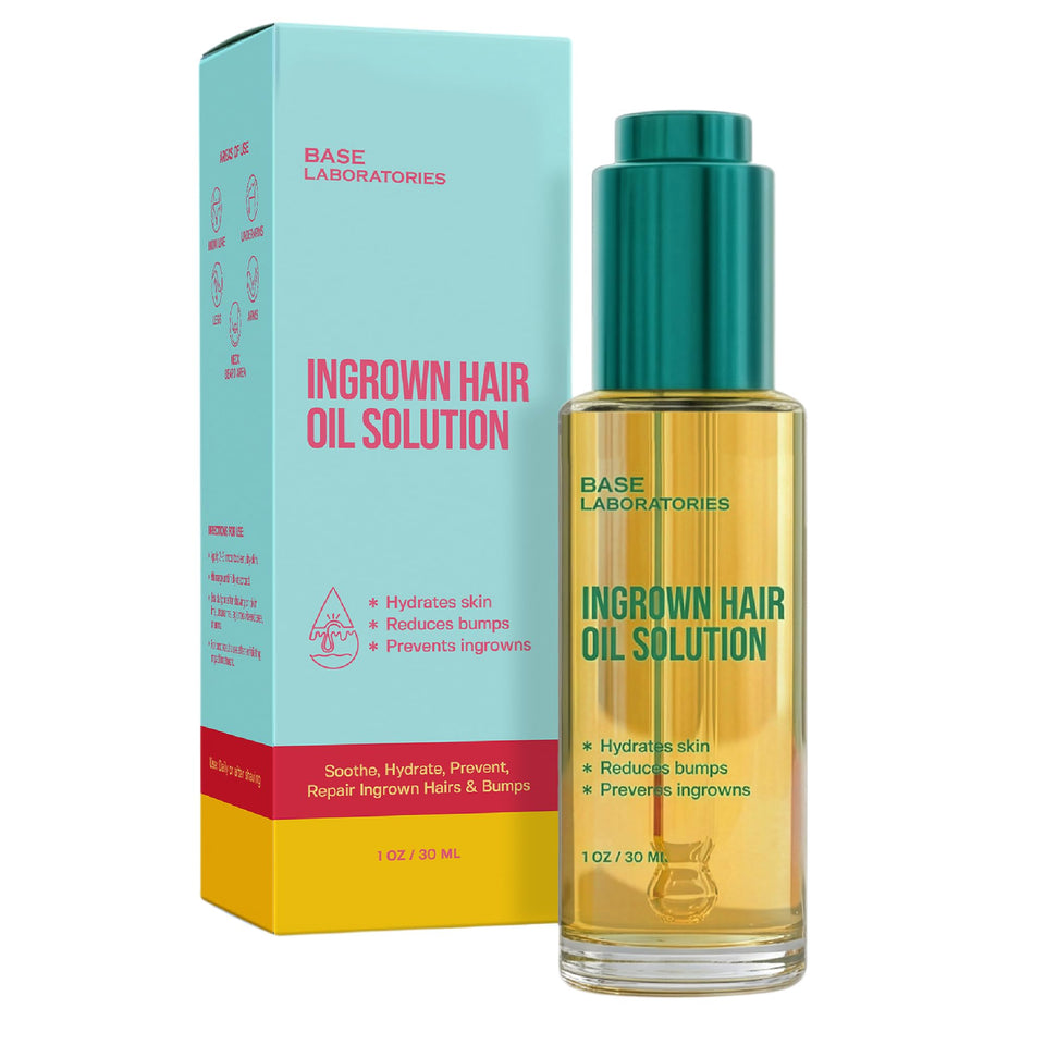 BASE LABORATORIES front bottle showing label and size, soothes razor bumps