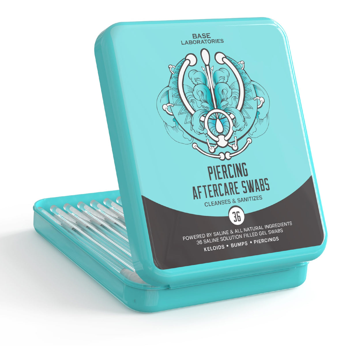 BASE LABORATORIES front packaging showing 36 swabs and benefits