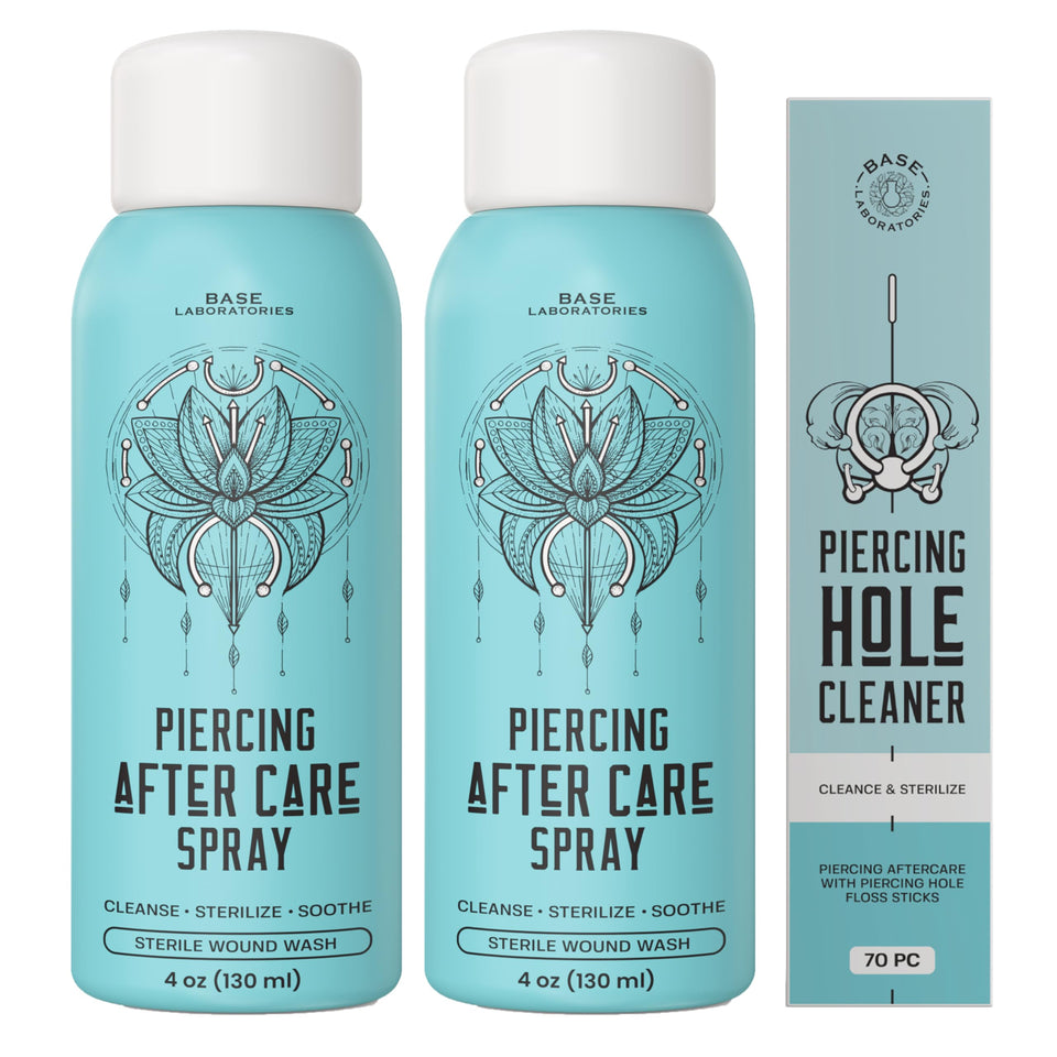 BASE LABORATORIES front packaging showing two 4oz saline bottles and floss, promotes convenient aftercare