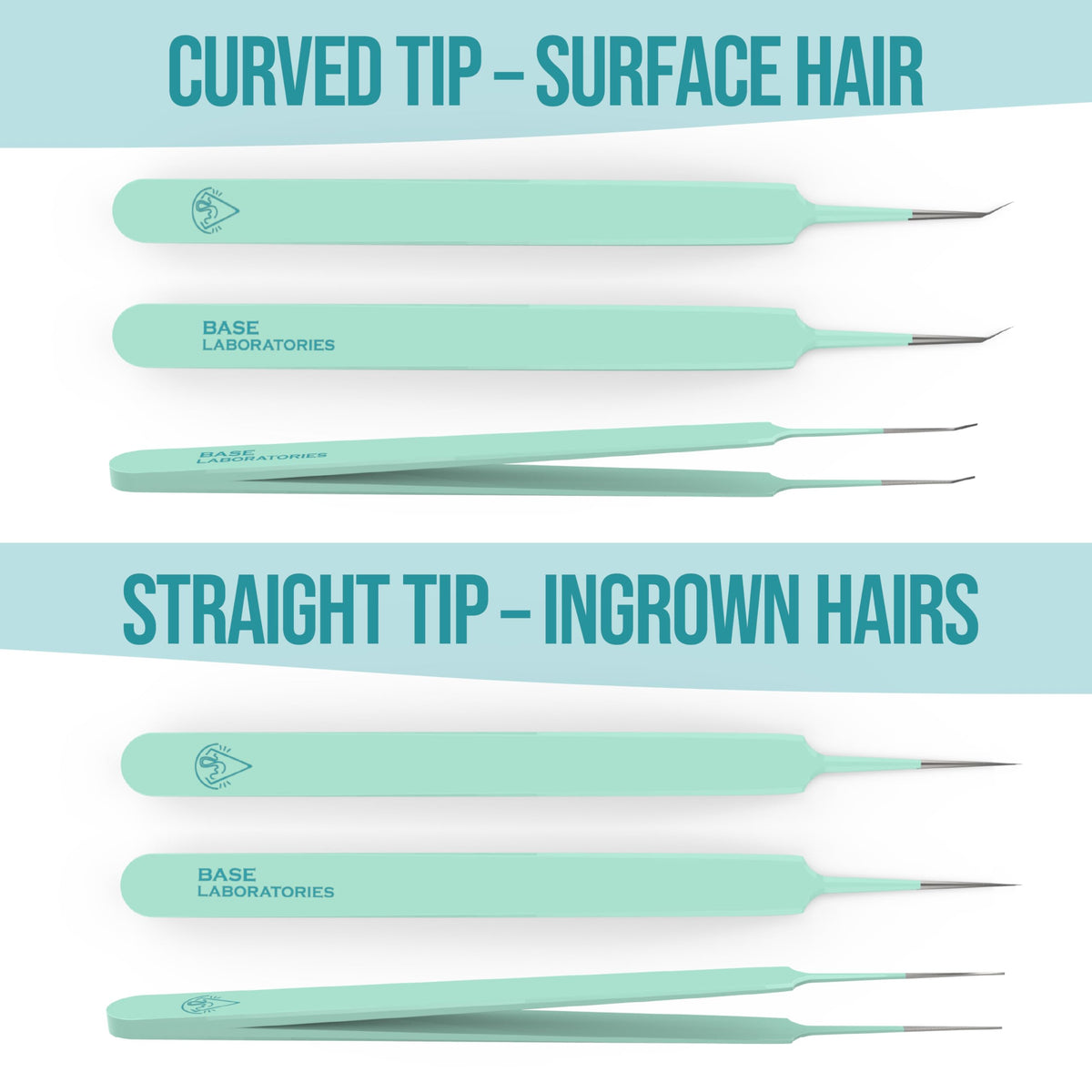 BASE LABORATORIES tweezer in use lifting an ingrown hair for safer, cleaner extraction
