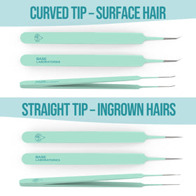 BASE LABORATORIES tweezer in use lifting an ingrown hair for safer, cleaner extraction