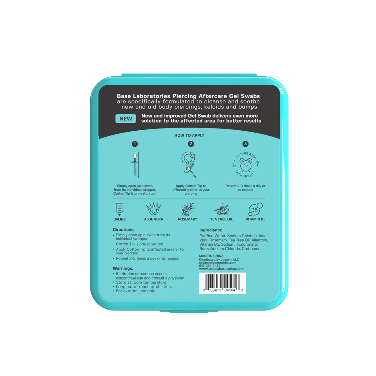 BASE LABORATORIES ingredients label highlighting saline and aloe