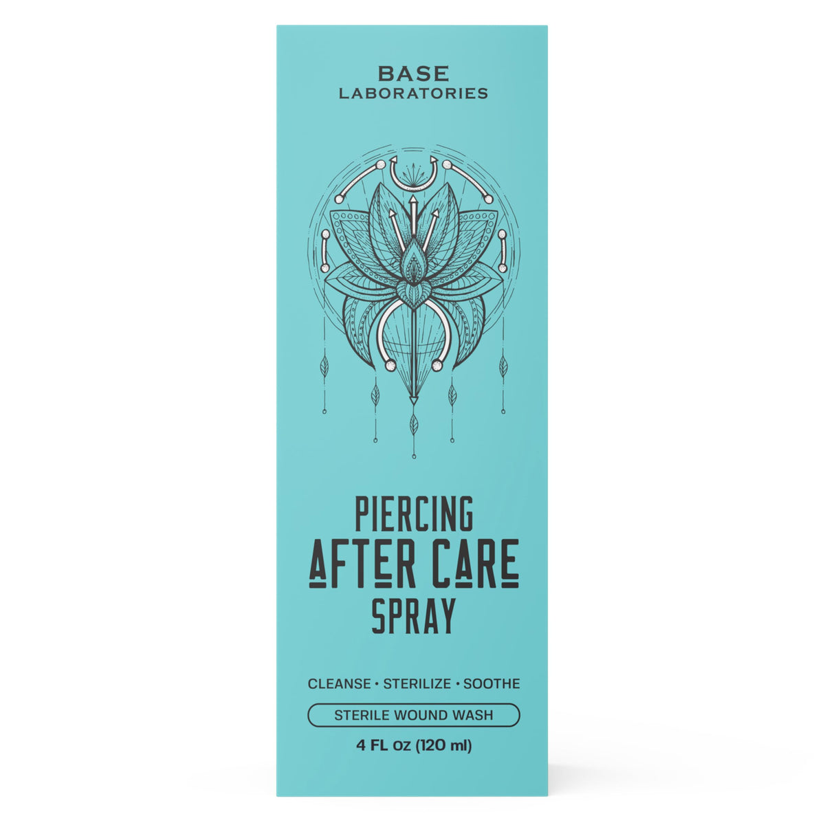 BASE LABORATORIES bottle held in hand to show 4 oz size for travel and daily use