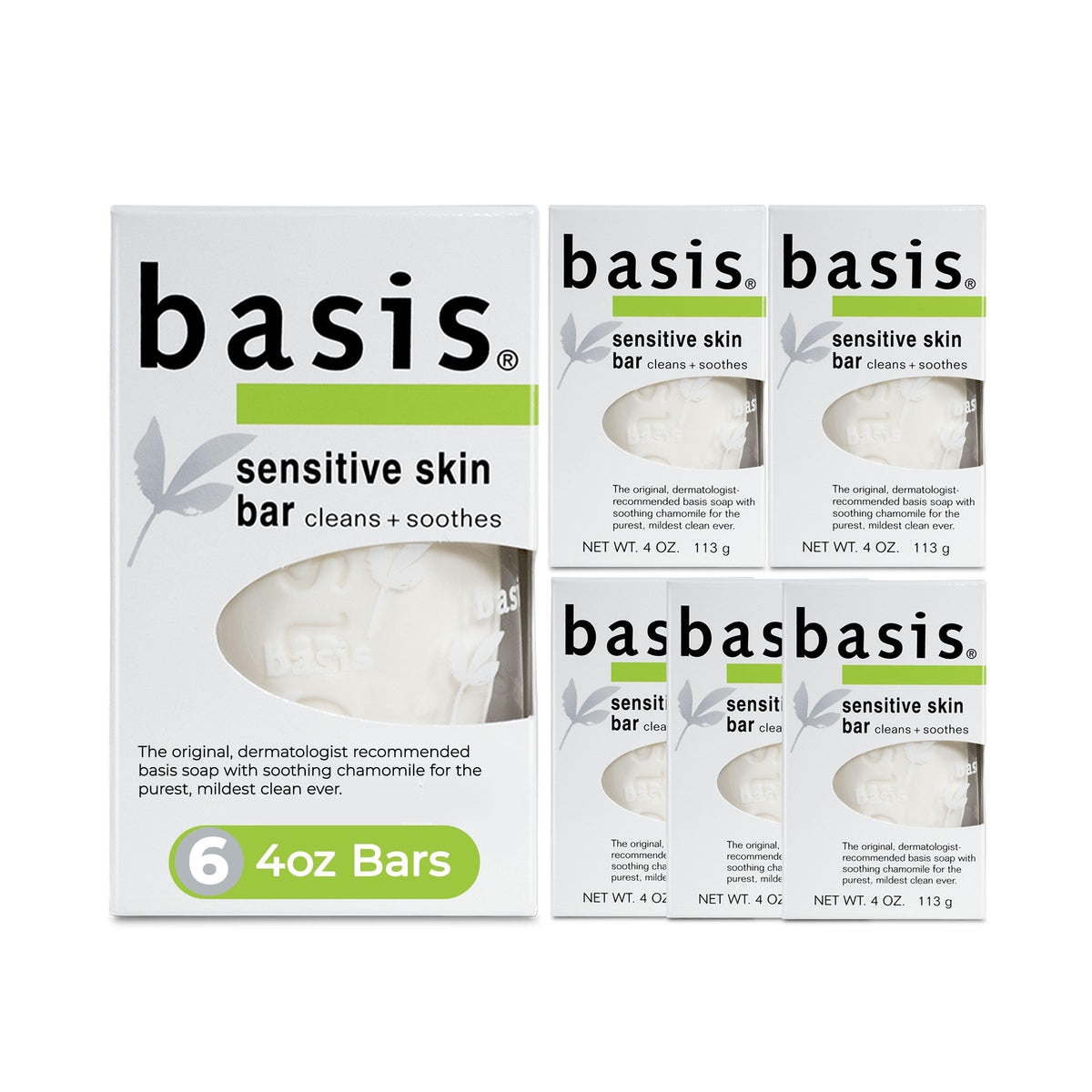 Basis front packaging of six-pack showing unscented bars and clear labeling for gentle cleansing