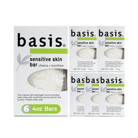 Basis front packaging of six-pack showing unscented bars and clear labeling for gentle cleansing