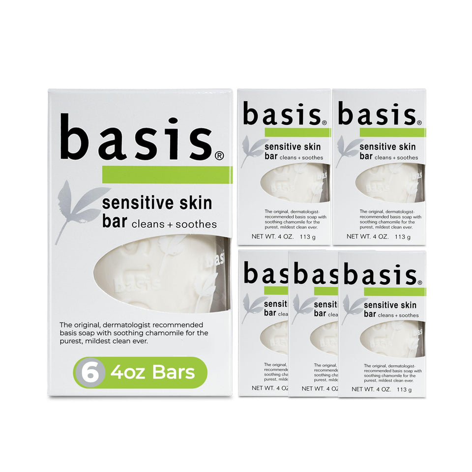 Basis front packaging of six-pack showing unscented bars and clear labeling for gentle cleansing