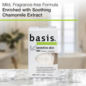 Basis single bar close-up showing smooth texture and ingredients that help maintain skin hydration