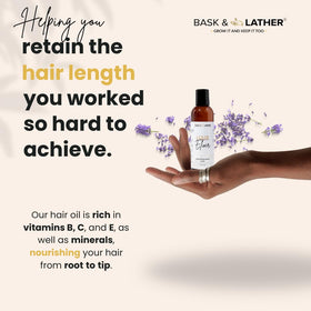 BASK & LATHER ingredient label closeup emphasizing natural castor oil and vitamin blend