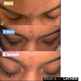 BASK & LATHER clear serum drop close-up illustrating nourishing oil texture