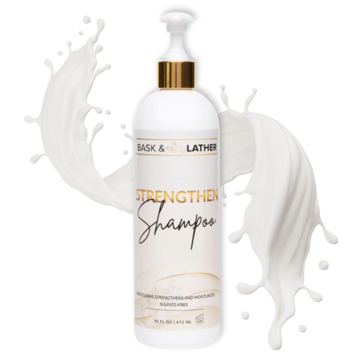 BASK & LATHER front packaging showing label and XL 16 oz size, promotes gentle strengthening