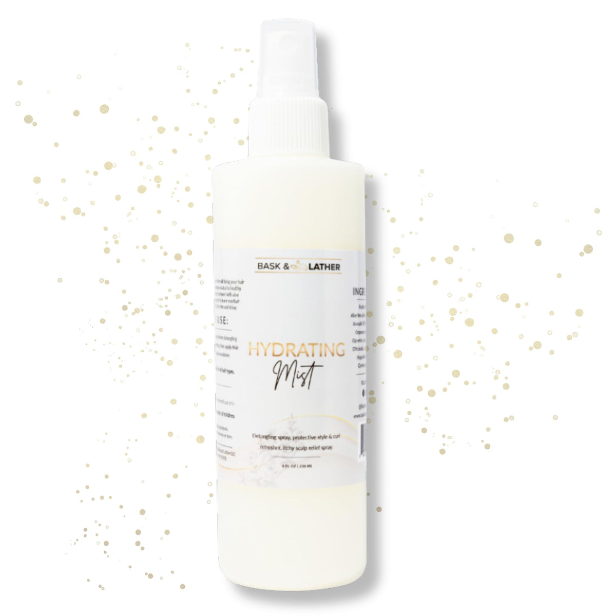 BASK & LATHER front bottle shot showing hydrating hair mist benefits
