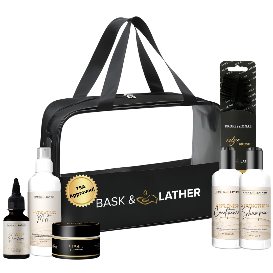 Bask & Lather front packaging showing compact travel kit benefits