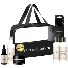 Bask & Lather front packaging showing compact travel kit benefits