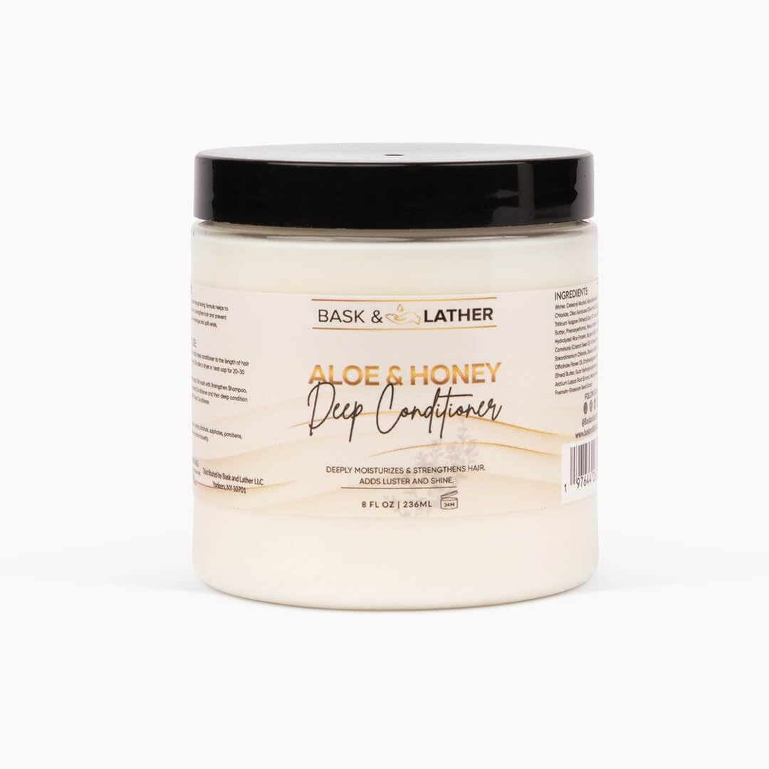 BASK & LATHER front packaging showing hydrating formula and smoother hair