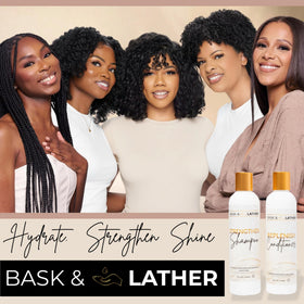 BASK & LATHER applied to wet hair demonstrating detangling and softness