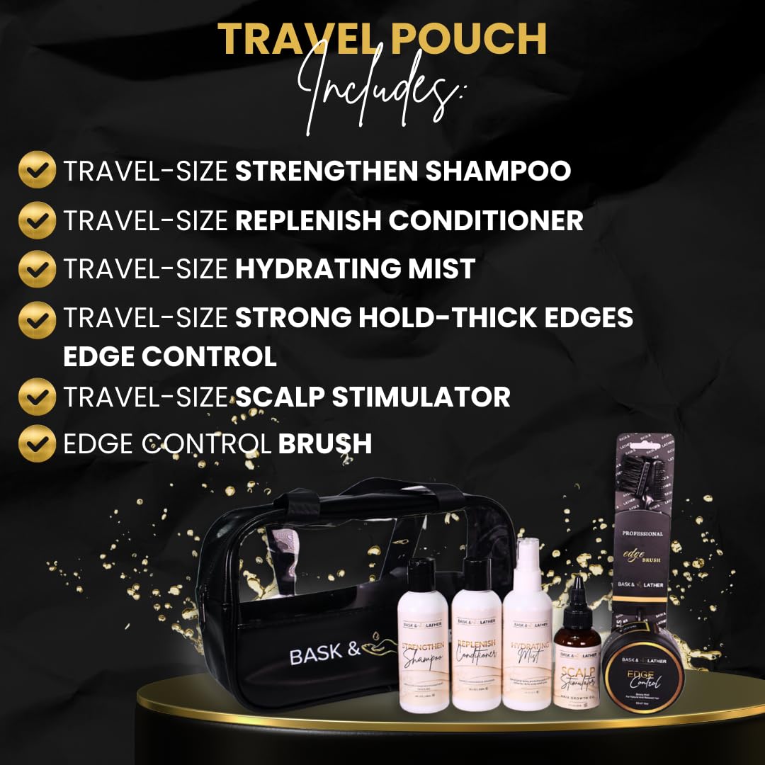 Bask & Lather open kit with organized bottles for easy travel