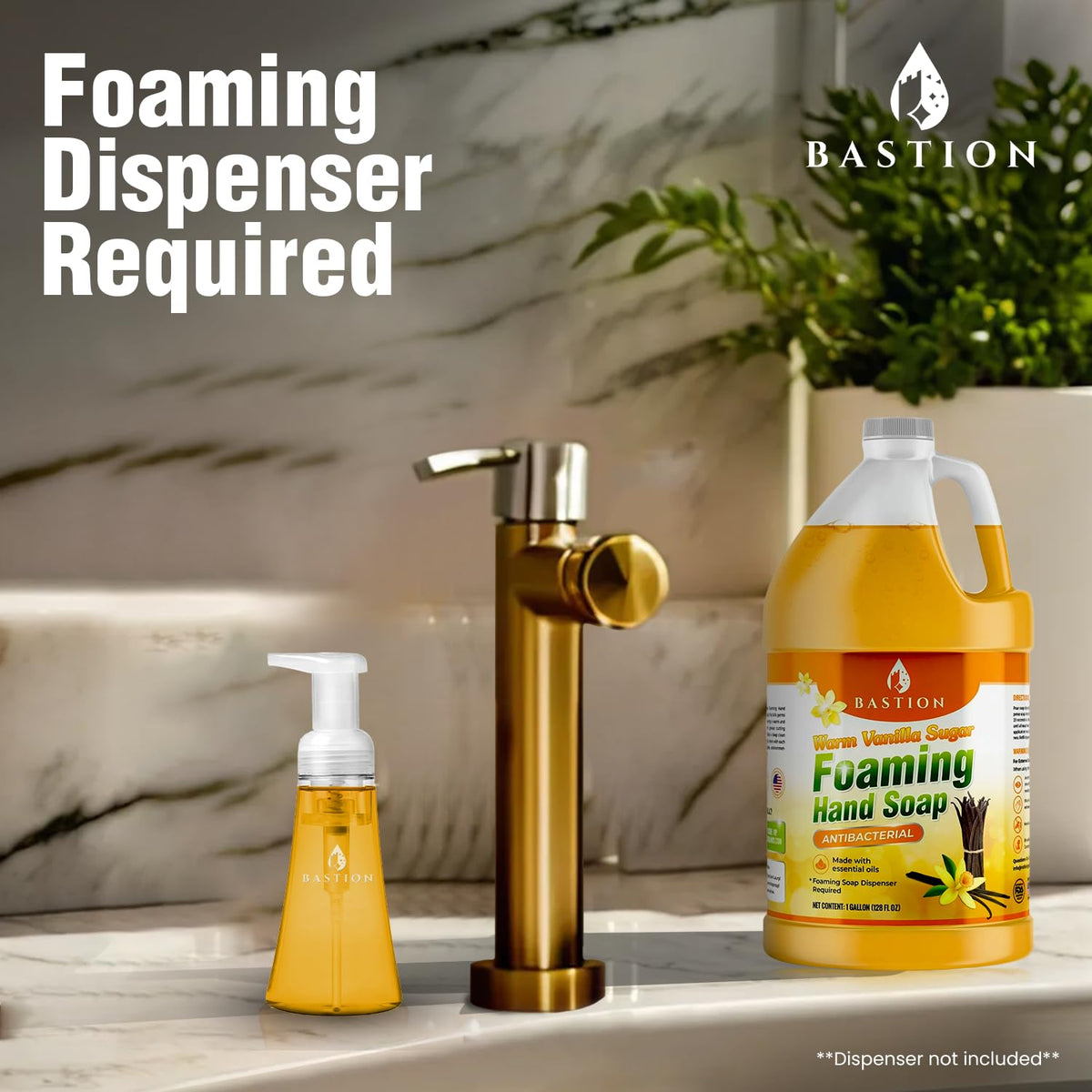 Bastion bottle on bathroom counter with dispenser, showing aesthetic and practical benefit