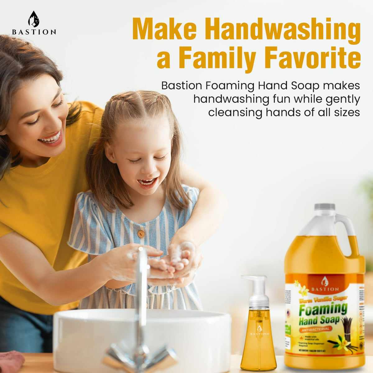 Bastion pouring foam soap into dispenser spout, efficient refill and reduced waste benefit