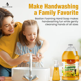Bastion pouring foam soap into dispenser spout, efficient refill and reduced waste benefit