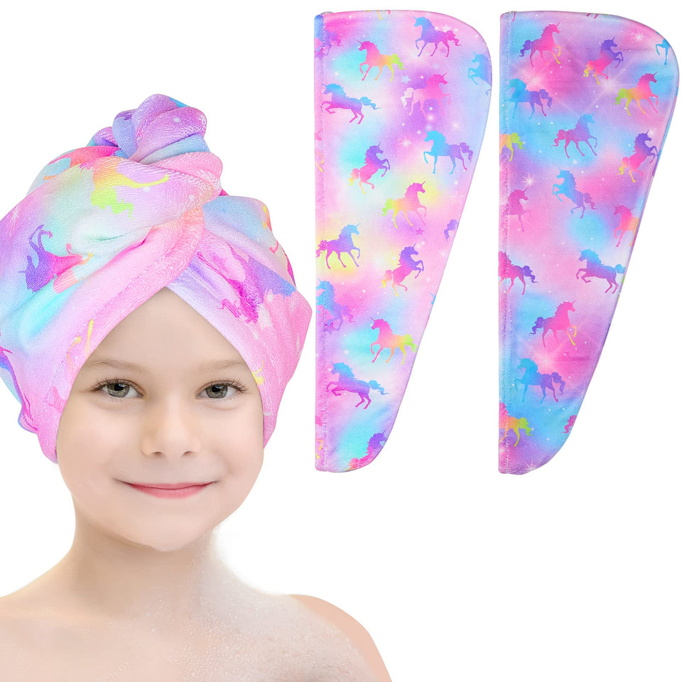 Basumee front packaging showing colorful unicorn prints and two towel wraps benefit quick drying