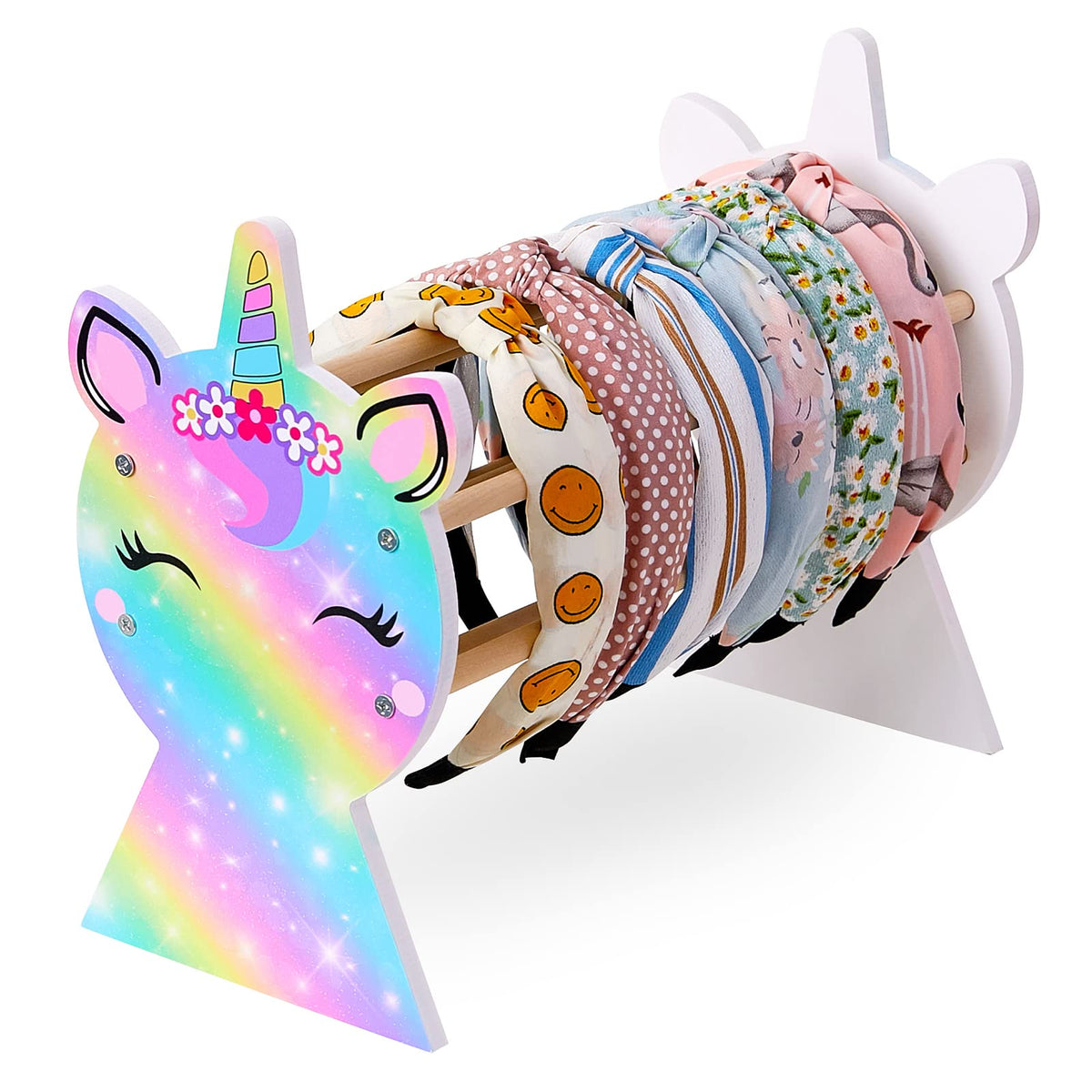Basumee front view showing unicorn print and rainbow colors, decorative and organized