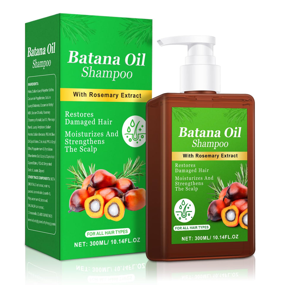 Batana Oil Shampoo front bottle showing label and benefit