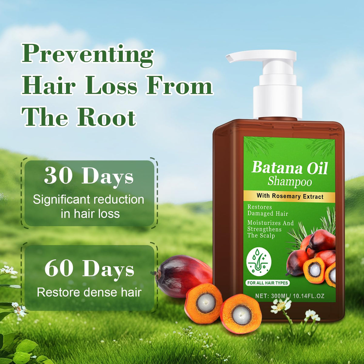 Batana Oil Shampoo pump top and clear product branding benefit