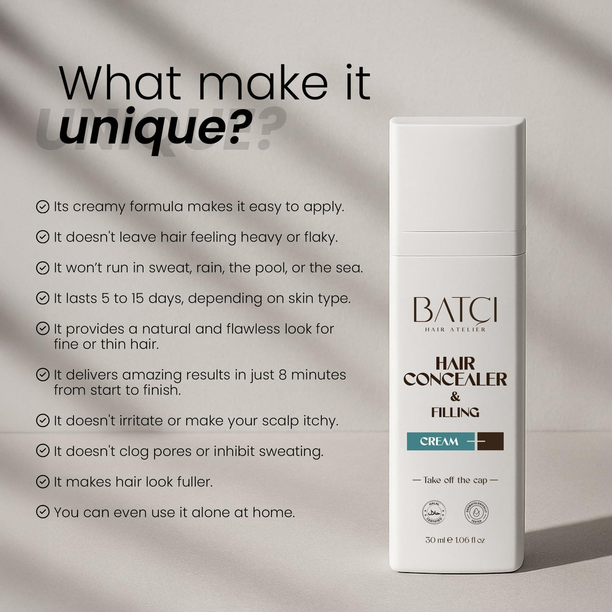 BATCI HAIR ATELIER 30ml tube next to a coin for scale, compact travel-friendly benefit