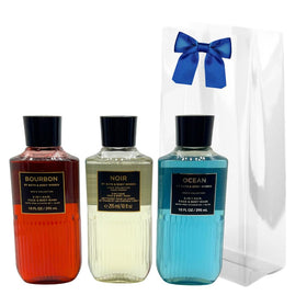 Bath & Body Works front packaging showing three bottles and blue bow for gifting convenience