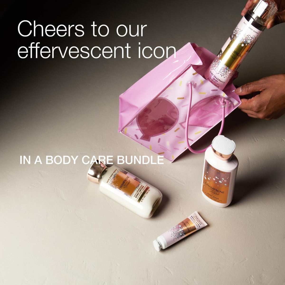 Bath & Body Works close-up of fragrance mist bottle label highlighting scent and easy spray application benefit