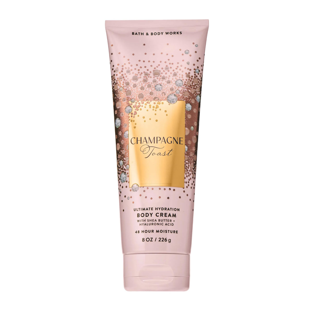 Bath & Body Works front packaging showing 8 oz cream and festive label benefit moisturizing