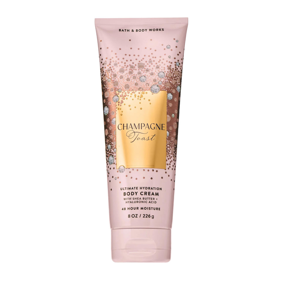 Bath & Body Works front packaging showing 8 oz cream and festive label benefit moisturizing