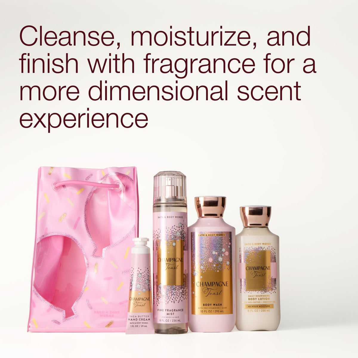 Bath & Body Works Champagne Toast set staged on bathroom shelf showing coordinated products and decor benefit