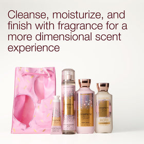 Bath & Body Works Champagne Toast set staged on bathroom shelf showing coordinated products and decor benefit