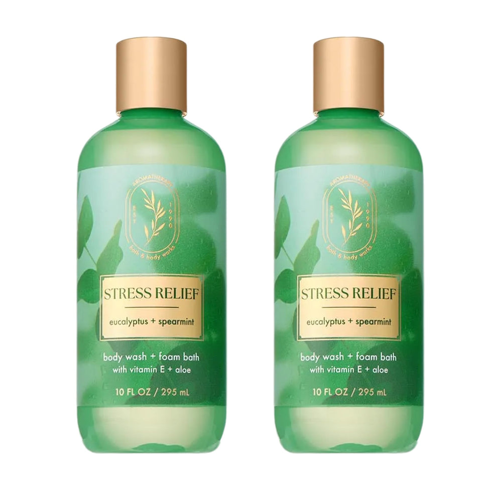 Bath & Body Works bottle front view showing eucalyptus spearmint scent and benefits