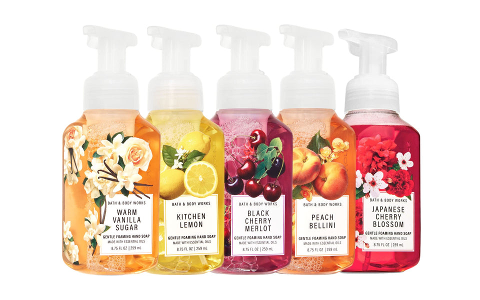 Bath & Body Works front view of five fresh and bright soap bottles, clear labels and scents