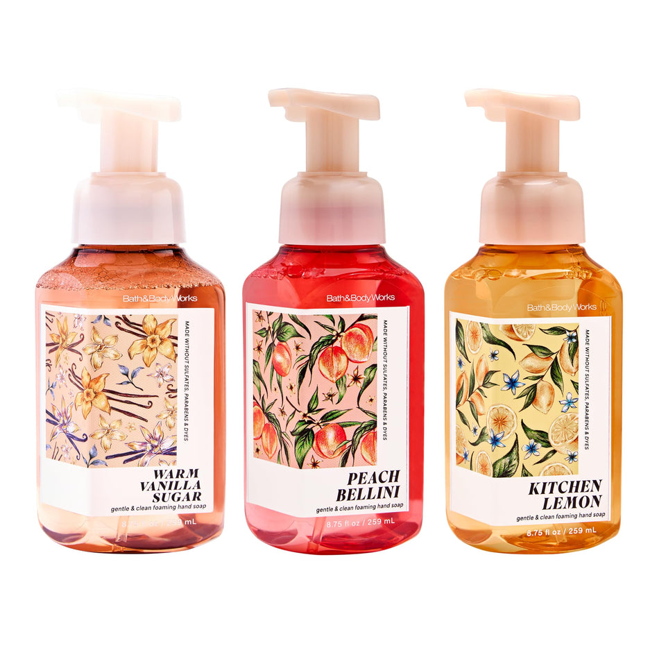 Bath & Body Works front packaging bundle showing three foaming soap bottles and benefit of variety
