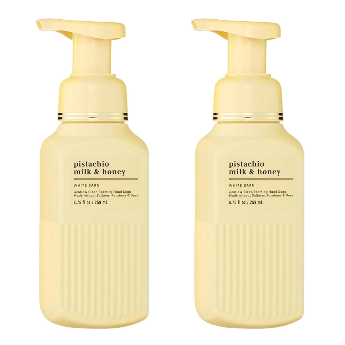 Bath & Body Works front packaging showing two pistachio milk & honey bottles and soft fragrance