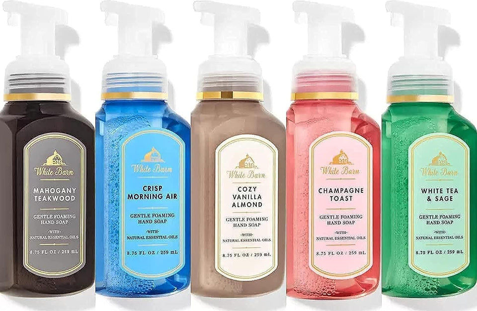 Bath & Body Works front view of five soap bottles showing scent variety and easy-pump use