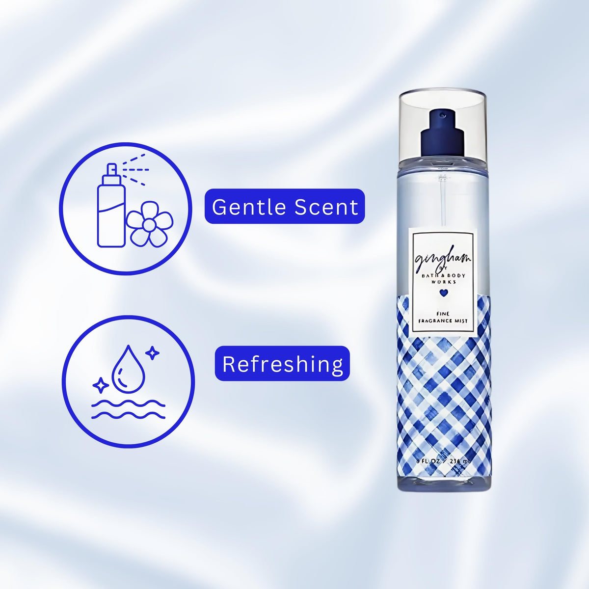 Bath & Body Works Gingham bottle beside a hand to show 8 fl oz scale