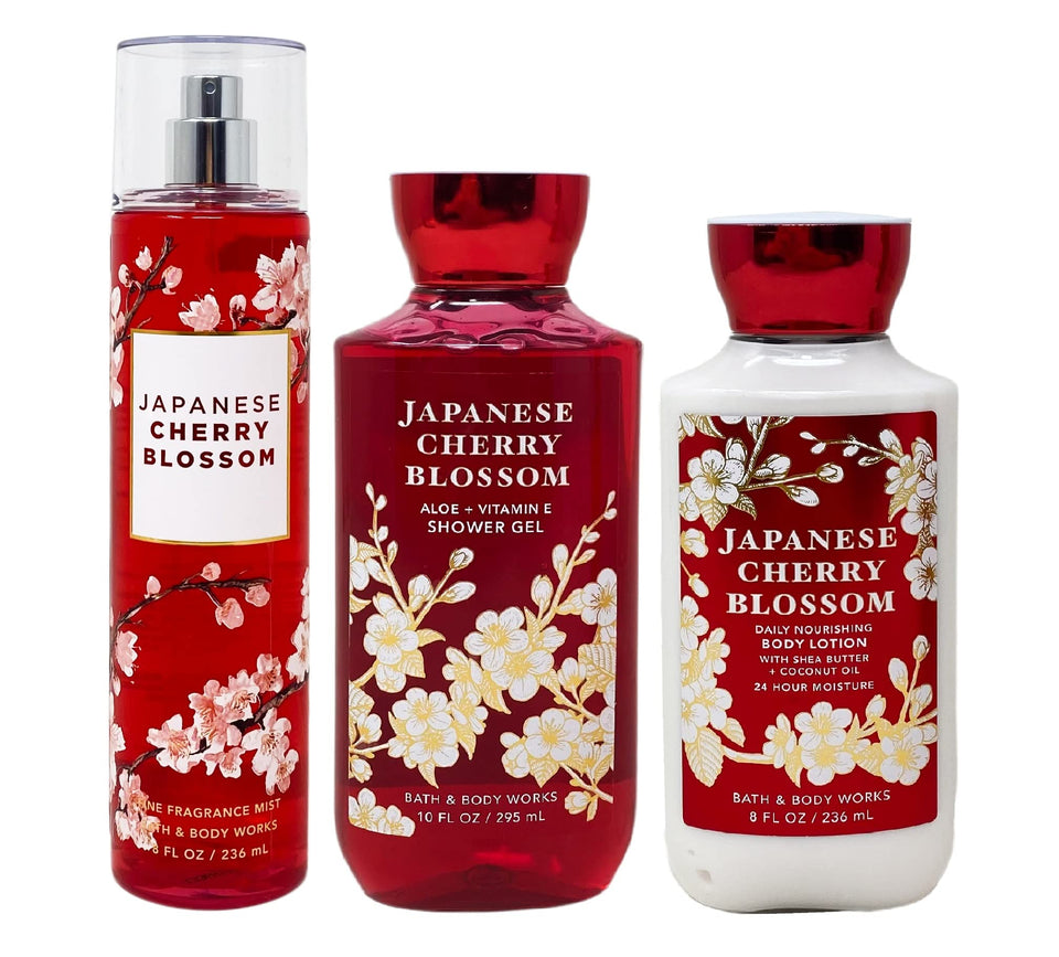 Bath & Body Works Japanese Cherry Blossom trio front view shows elegant packaging and gift-ready scent